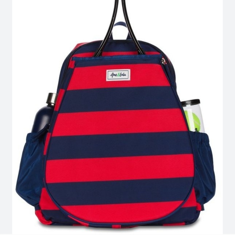 Ame and Lulu Tennis Backpack Red & Navy Stripe Print Spacious Sport Bag